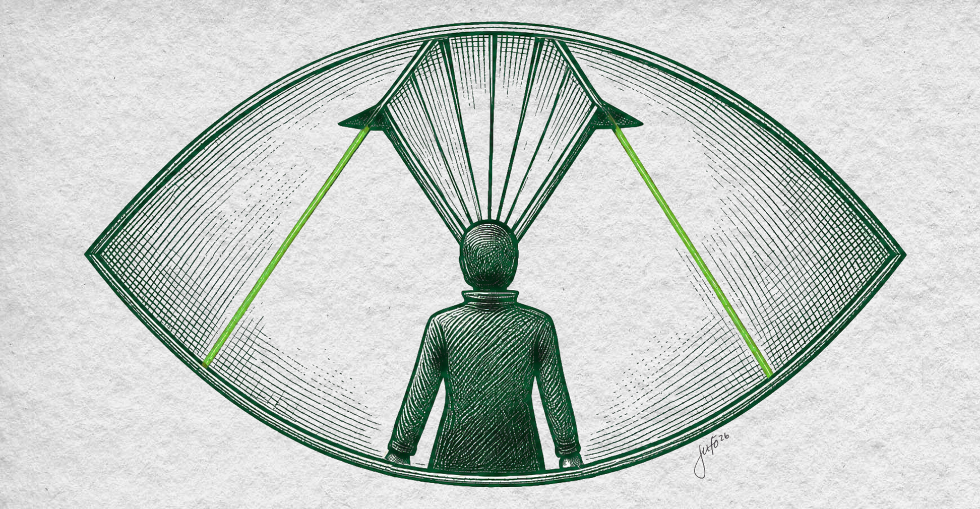 Cette illustration explore l'écart qui se crée parfois entre ce qu'une marque pense projeter et ce que son audience perçoit réellement. L’œil représente le point de vue du consommateur sur la marque. Les lignes en éventail symbolisent les multiples façons de créer un lien avec lui. Le vide central évoque cet espace où la marque peut perdre son audience, en s’éloignant inconsciemment de sa réalité...