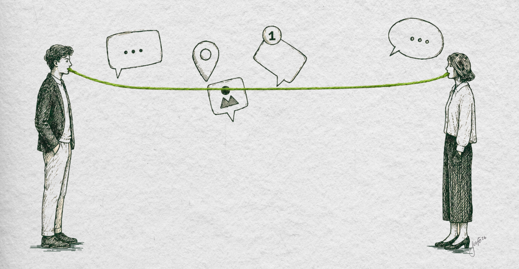 Cette illustration représente le lien entre une marque et son audience. Le fil de laine vert symbolise la communication continue qui relie les deux parties, malgré les filtres, les perceptions et les nombreuses distractions qui peuvent influencer la relation. Elle illustre l'importance de créer une connexion claire et authentique avec ses consommateurs.
