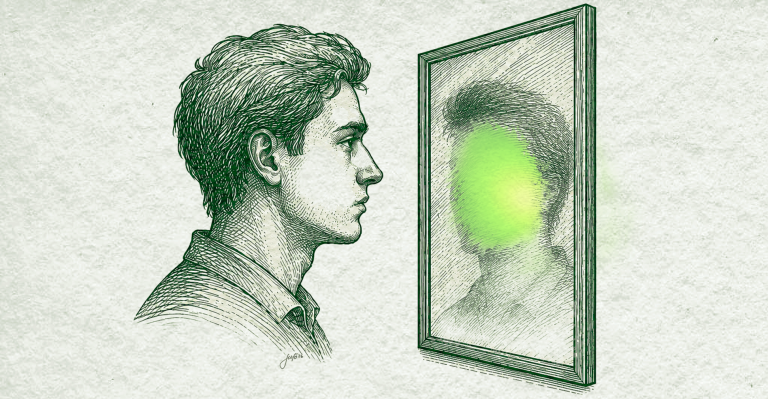 Cette illustration représente une image de marque visible, mais difficile à définir. Le reflet flou dans le miroir symbolise le manque d'alignement entre le positionnement, les messages et l'expérience proposée, rendant parfois l'entreprise plus difficile à comprendre malgré tous ses efforts de communication.